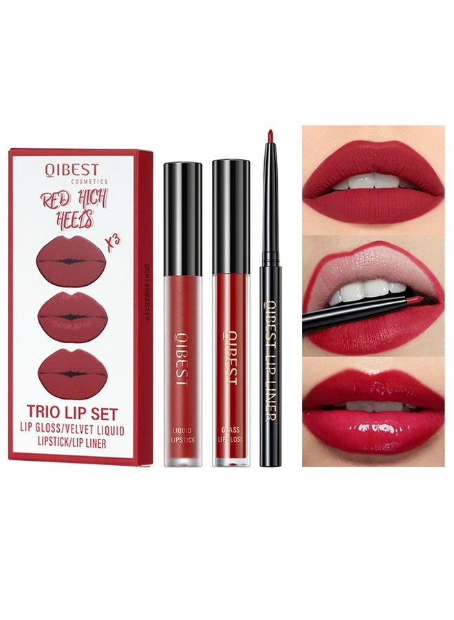 QiBest Trio Lip Set Lip Gloss/Velvet Liquid Lipstick/Lip Liner ,Liquid Lipstick Moisturizing Lip Gloss Creamy Lip Liner  Lip Liner Red - 06 - Image 1