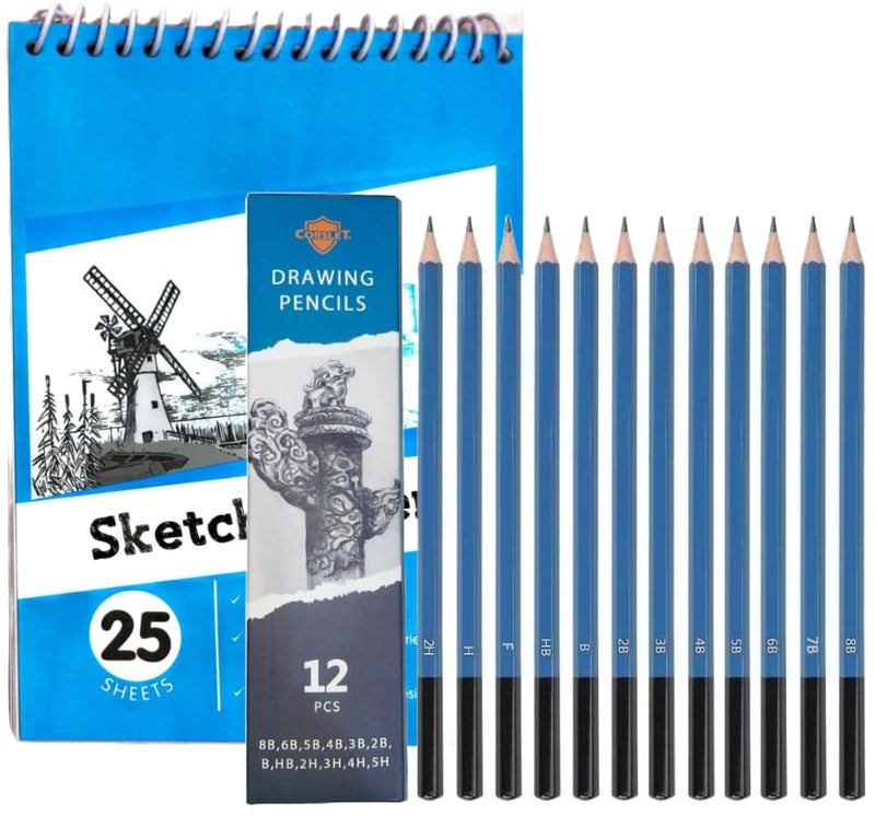 Corslet Pack of 13 Artist Pencil for Sketching Pencils Drawing Pencil Set for Artists 12 Pc Sketch Pencil 8B 6B 5B 4B 3B 2B B HB 2H 3H 4H 5H Drawing Pencils with 25 Sheets A5 Sketchbook - Image 1