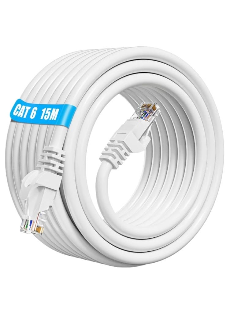 FUJISHKA CAT-6 Ethernet Cable – 15M – High-Speed LAN Network Cable – RJ45 Connector – White - Image 1