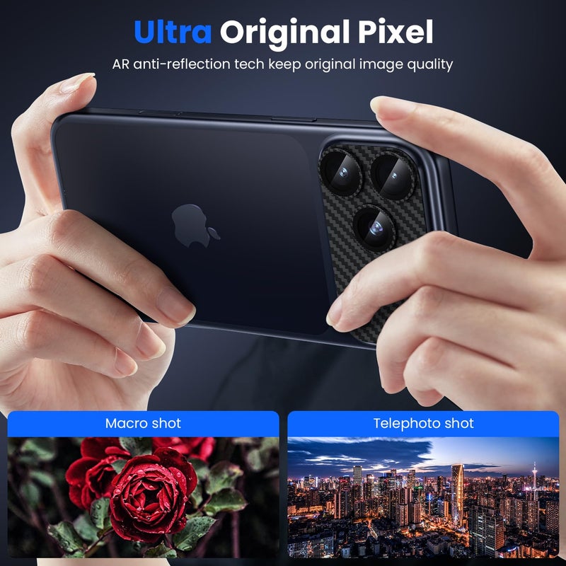 WSKEN for iPhone 17 Pro Camera Lens Protector, [Military Grade Shatterproof] [Strong Adhesion] Metal Aluminum Alloy Tempered Glass Camera Screen Protector, Carbon Fiber Texture - Image 2