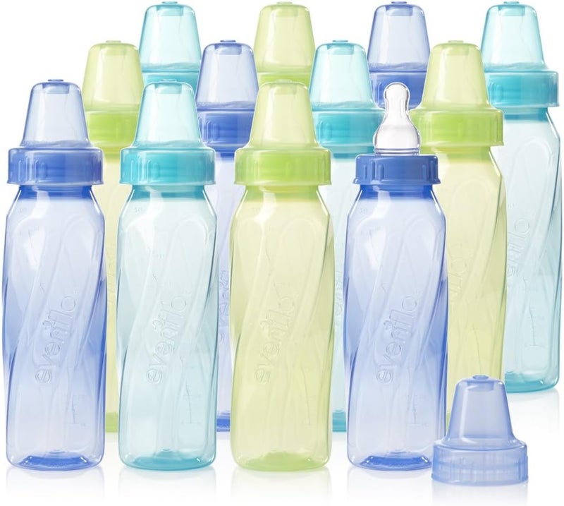 Evenflo Feeding Classic Tinted Plastic Standard Neck Bottles for Baby, Infant and Newborn - Teal/Green/Blue, 8 Ounce (Pack of 12) - Image 1