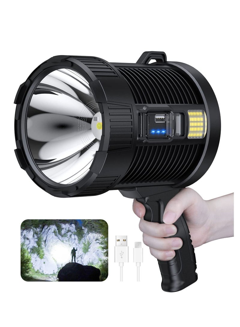 Rechargeable Spotlight, 100000 Lumens Led Spot Lights Handheld Large Flashlight Super Bright Outdoor Solar Spotlights Searchlight with Cob Light, 6 Modes, IPX5 Waterproof (Black) - Image 1