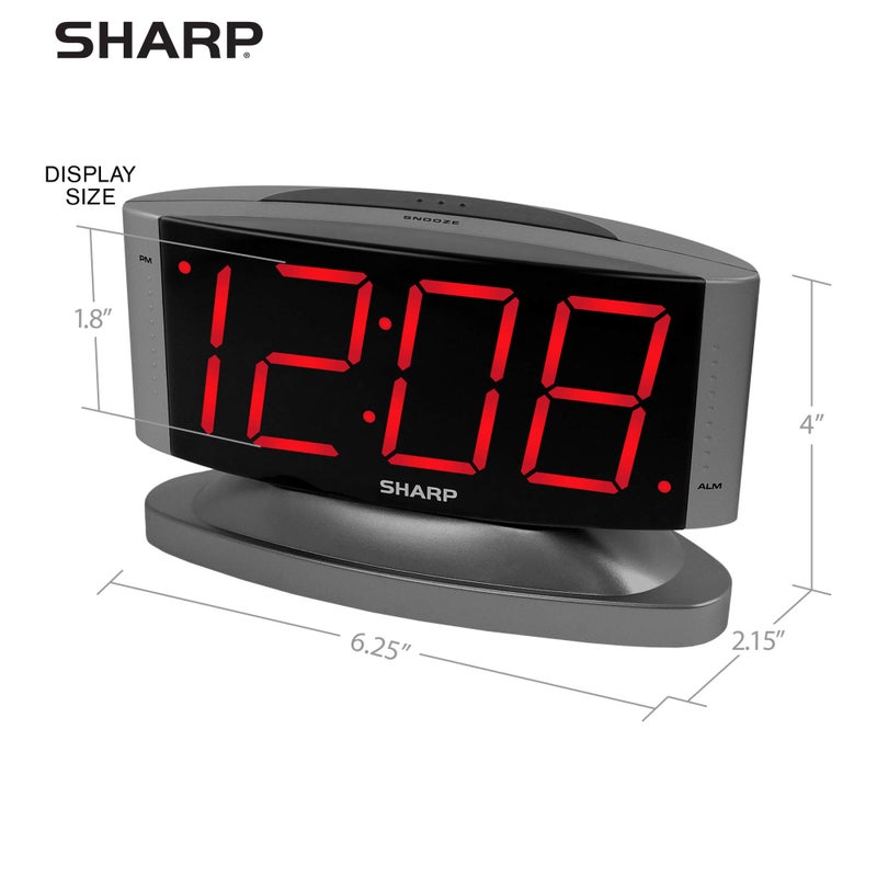 Sharp Home LED Digital Alarm Clock â€“ Swivel Base - Outlet Powered, Simple Operation, Alarm, Snooze, Brightness Dimmer, Big Red Digit Display, Gun Metal Grey Case - Image 4
