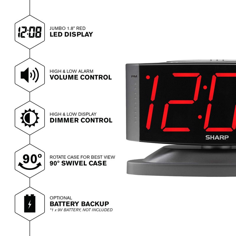 Sharp Home LED Digital Alarm Clock â€“ Swivel Base - Outlet Powered, Simple Operation, Alarm, Snooze, Brightness Dimmer, Big Red Digit Display, Gun Metal Grey Case - Image 2