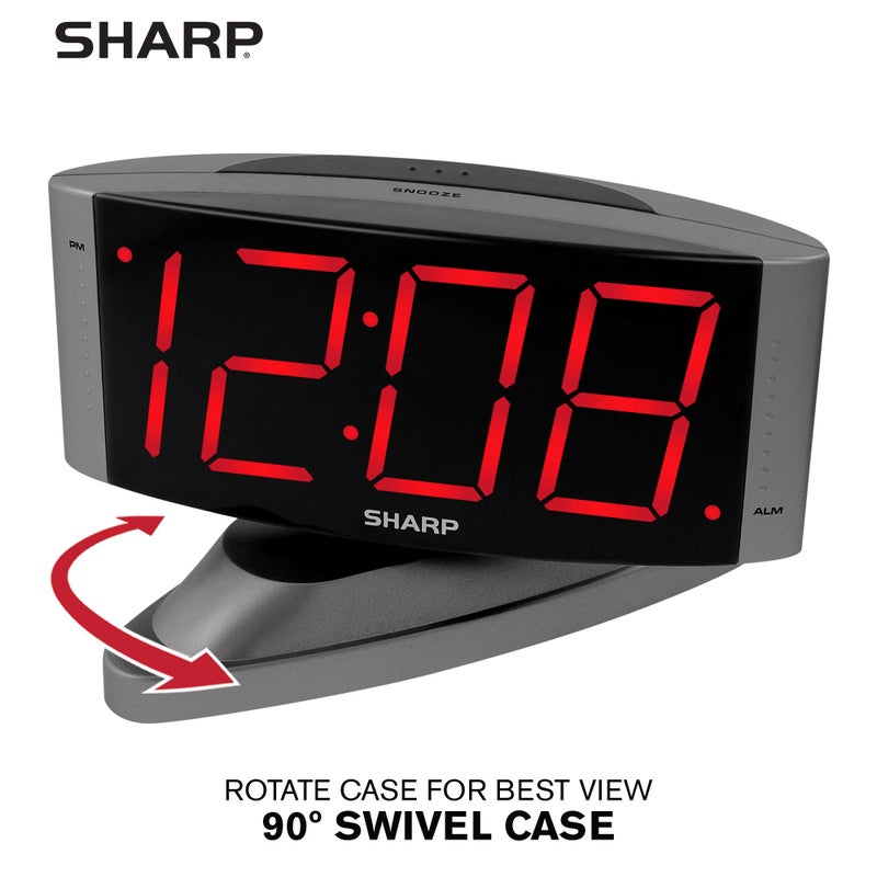 Sharp Home LED Digital Alarm Clock â€“ Swivel Base - Outlet Powered, Simple Operation, Alarm, Snooze, Brightness Dimmer, Big Red Digit Display, Gun Metal Grey Case - Image 3
