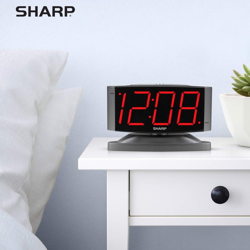 Sharp Home LED Digital Alarm Clock â€“ Swivel Base - Outlet Powered, Simple Operation, Alarm, Snooze, Brightness Dimmer, Big Red Digit Display, Gun Metal Grey Case - Image 5