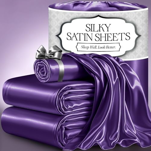DECOLURE Satin Bed Sheets  4 Piece Luxury Silky King Size Bedding Set  Softer Than Silk WrinkleFree with 15 Deep Pocket Fitted Sheet Perfect for Hair  Skin Gifts for Women Purple