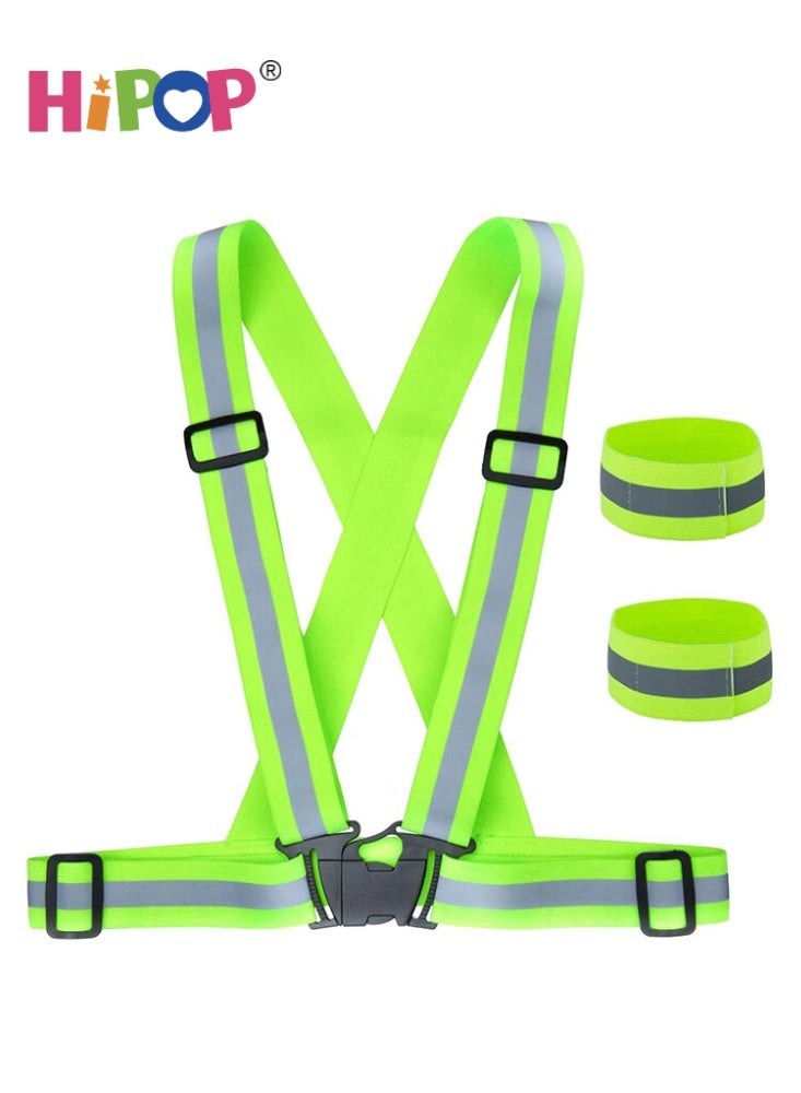 HIPOP 1 x Reflective Vest and 2 x Reflective Safety Wristbands, Strong Visibility Elastic Waistcoat Adjustable Waistband, Breathable Outdoor Safety Vest, Ideal for Men and Women, Jogging, Cycling, Scooter, Running - Image 1