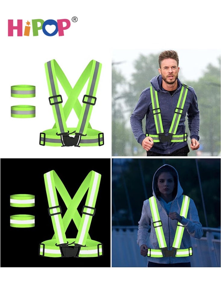 HIPOP 1 x Reflective Vest and 2 x Reflective Safety Wristbands, Strong Visibility Elastic Waistcoat Adjustable Waistband, Breathable Outdoor Safety Vest, Ideal for Men and Women, Jogging, Cycling, Scooter, Running - Image 2