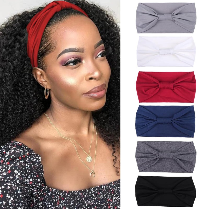 XTREND Wide Headbands For Women Non Slip Fashion Stretch Headband Boho Head Bands Womens Hair Band Turban Sports Hairband Girls Accessories 6 PcsBlack Dark gray Navy blue Red White Light gray