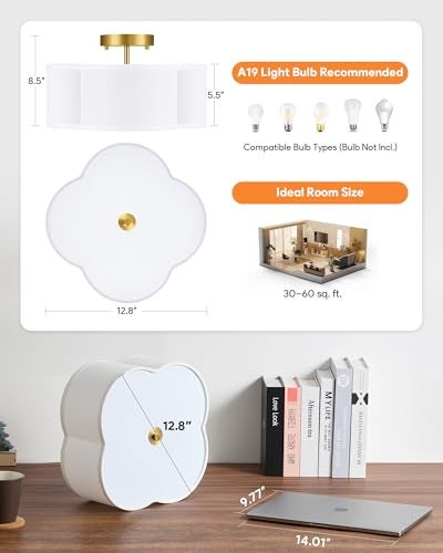 VONLUCE Semi Flush Mount Ceiling Light, 12.8" Ceiling Light Fixture with Four Leaf Clover-Shaped, 4-Light Modern Light Fixture for Bedroom Living Room Nursery Hallway, White Shade & Gold Finish - Image 3