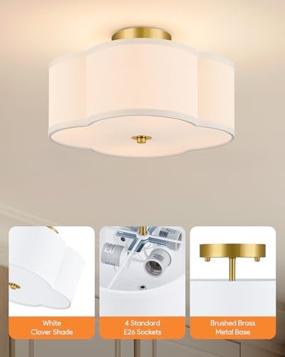 VONLUCE Semi Flush Mount Ceiling Light, 12.8" Ceiling Light Fixture with Four Leaf Clover-Shaped, 4-Light Modern Light Fixture for Bedroom Living Room Nursery Hallway, White Shade & Gold Finish - Image 4