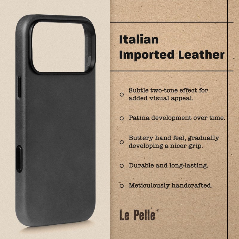 Le Pelle - Handcrafted Premium Italian Leather Case for iPhone 17 Pro Max - [Built-in Camera Control] - Compatible with Magsafe - Two-Tone Effect with Unique Patina Over Time - Black - Image 4