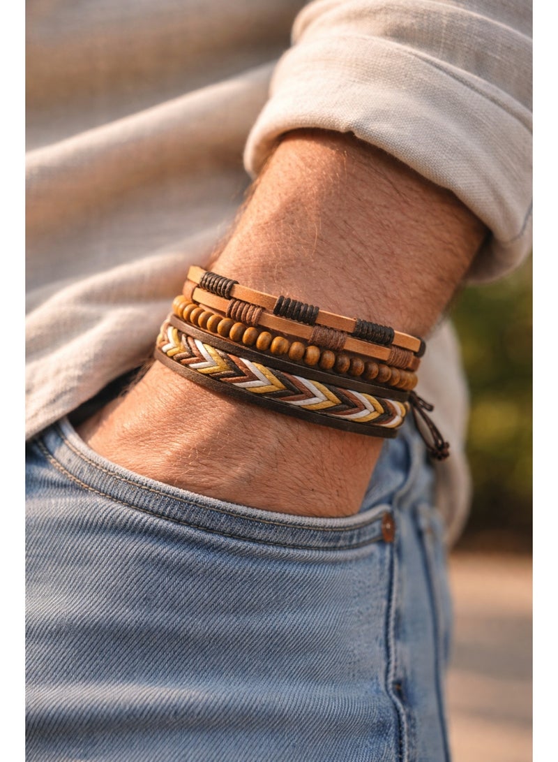 أتش أف أيه سوار رجالي جلد طبيعي متعدد الطبقات – تصميم يدوي أنيق بخرز خشبي وحجر طبيعي – قابل للتعديل – مناسب للاستخدام اليومي والهدايا - Image 1