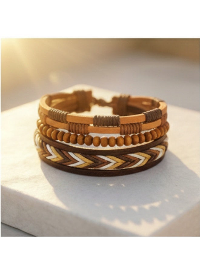 أتش أف أيه سوار رجالي جلد طبيعي متعدد الطبقات – تصميم يدوي أنيق بخرز خشبي وحجر طبيعي – قابل للتعديل – مناسب للاستخدام اليومي والهدايا - Image 2