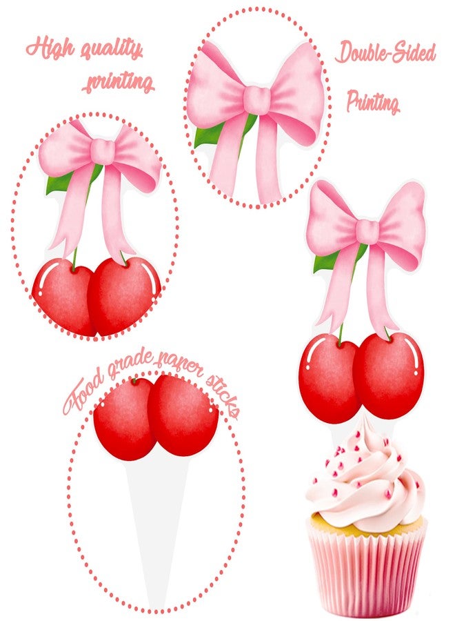 umoni Cherry Bow Cupcake Toppers 48Pcs Pink Bow Cake Decorations Sweet Cherrties Cupcake Picks Summer Fruit Birthday Party Decorations for Girls Women Coquette Bachelorette Baby Shower Supplies - Image 3