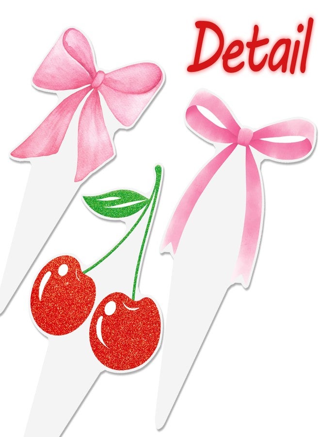 umoni Cherry Bow Cupcake Toppers 48Pcs Pink Bow Cake Decorations Sweet Cherrties Cupcake Picks Summer Fruit Birthday Party Decorations for Girls Women Coquette Bachelorette Baby Shower Supplies - Image 5