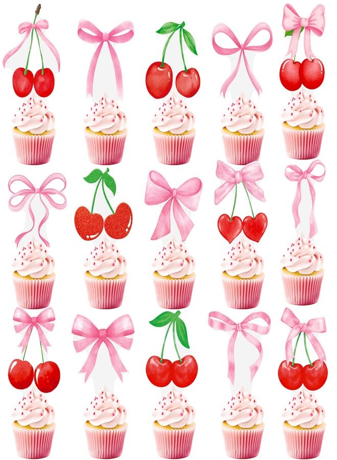 umoni Cherry Bow Cupcake Toppers 48Pcs Pink Bow Cake Decorations Sweet Cherrties Cupcake Picks Summer Fruit Birthday Party Decorations for Girls Women Coquette Bachelorette Baby Shower Supplies - Image 1