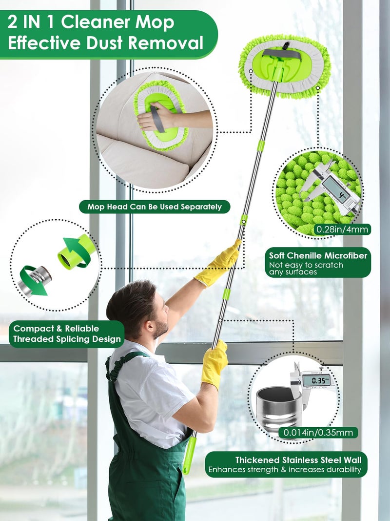 WillingHeart 2 in 1 Lightweight Wall Cleaner Mop with Long Handle 75" 190cm Ceiling Duster Lint-Free Chenille Fiber Mop for Kitchen Baseboard Floor Glass Window Roof Cleaning Washer Scrubber Brush Tool Wet Dry Use - Image 2