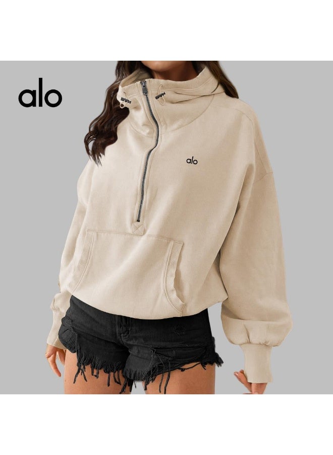 alo same color hoodie, zipper sweatshirt, drawstring long sleeved jacket, sporty style, slim fit, yoga hoodie - Image 1