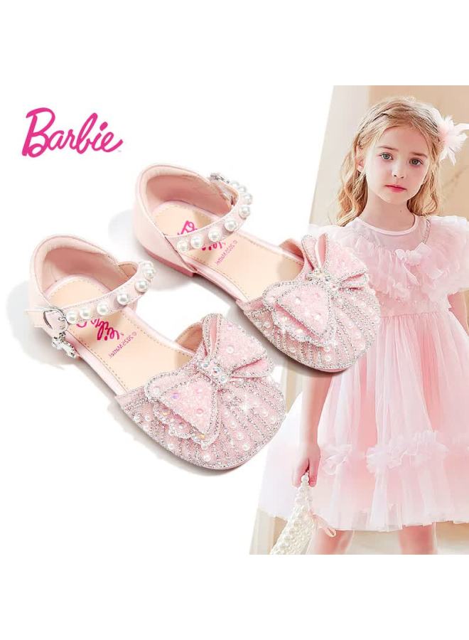 Barbie أحذية باربي كريستال للفتيات أحذية صيفية ناعمة للبنات الصغيرات بحذاء جلد مزين بعقدة مقطوعة دا6828 وردي مقاس 31 - Image 1
