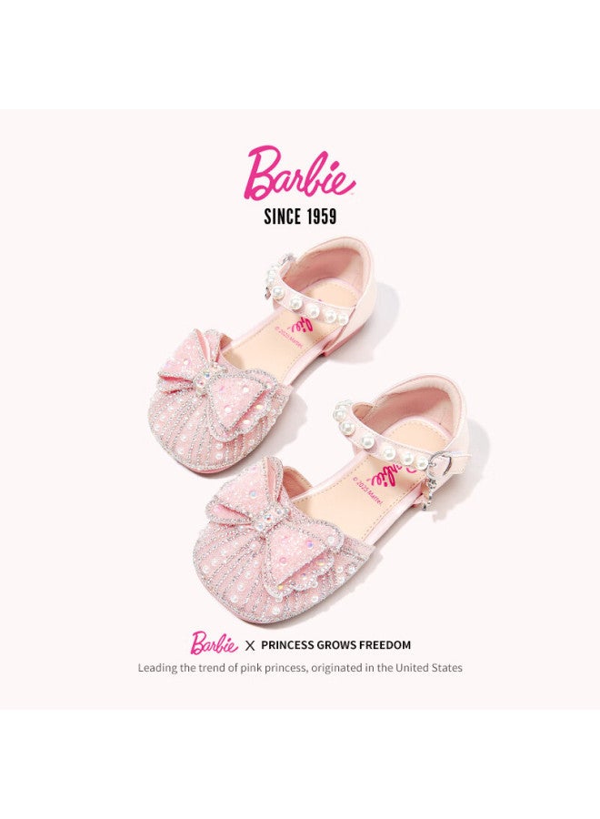 Barbie أحذية باربي كريستال للفتيات أحذية صيفية ناعمة للبنات الصغيرات بحذاء جلد مزين بعقدة مقطوعة دا6828 وردي مقاس 31 - Image 3