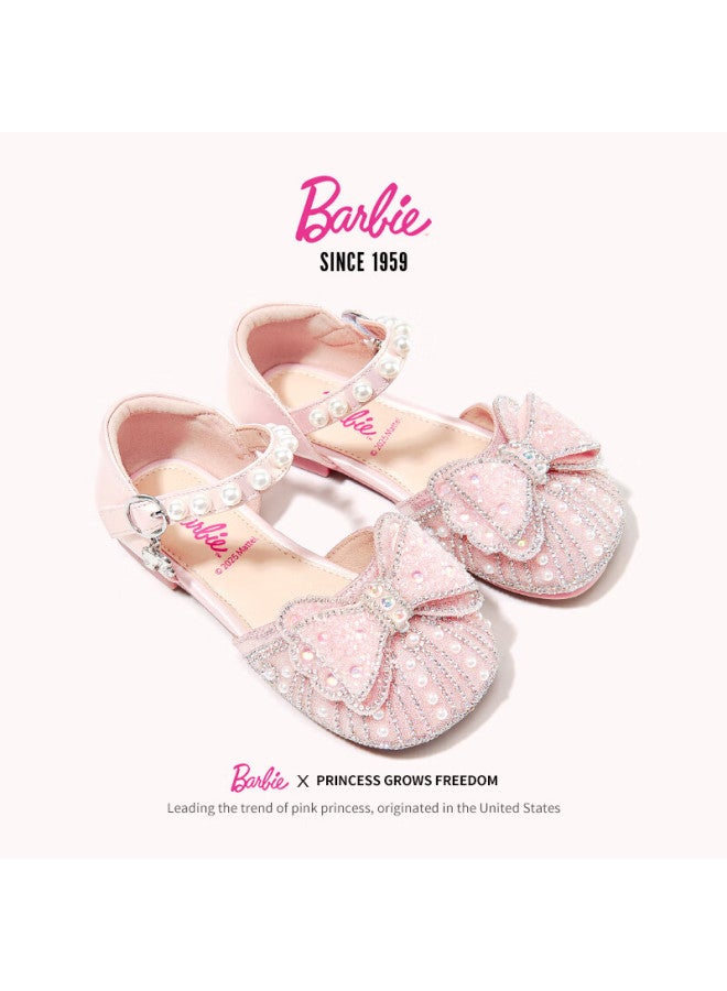 Barbie أحذية باربي كريستال للفتيات أحذية صيفية ناعمة للبنات الصغيرات بحذاء جلد مزين بعقدة مقطوعة دا6828 وردي مقاس 31 - Image 4