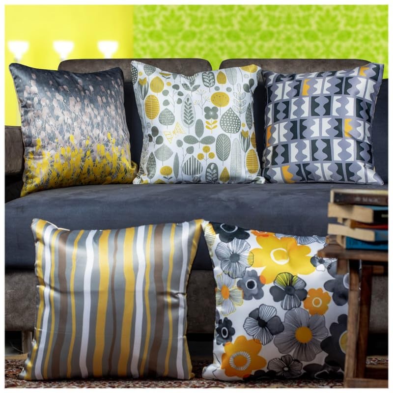 Vendola Satin 250TC Sofa Cushion Pillow Covers, Multicolor, Set of 5 Floral Cushion Covers - Image 1