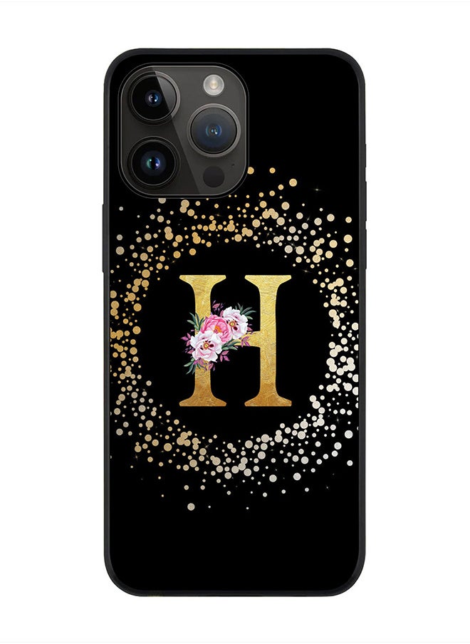 Rugged Black edge case for Apple iPhone 14 Pro Max, Soft Flexible Phone case Custom Monogram Initial Letter Floral Pattern Alphabet - H (Black)