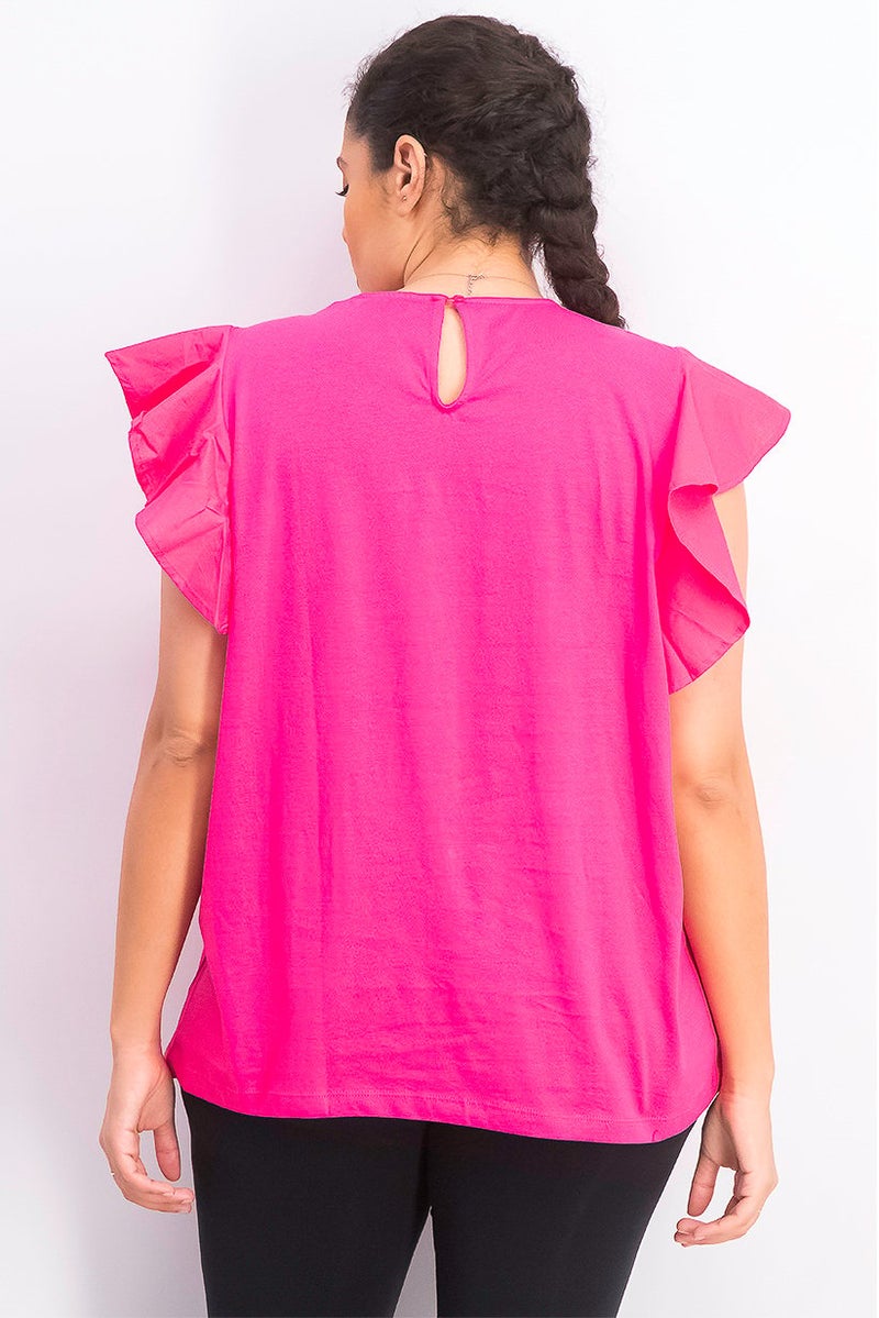 Tchibo Women Crew Neck Solid Flutter Sleeve Top, Pink - Image 3