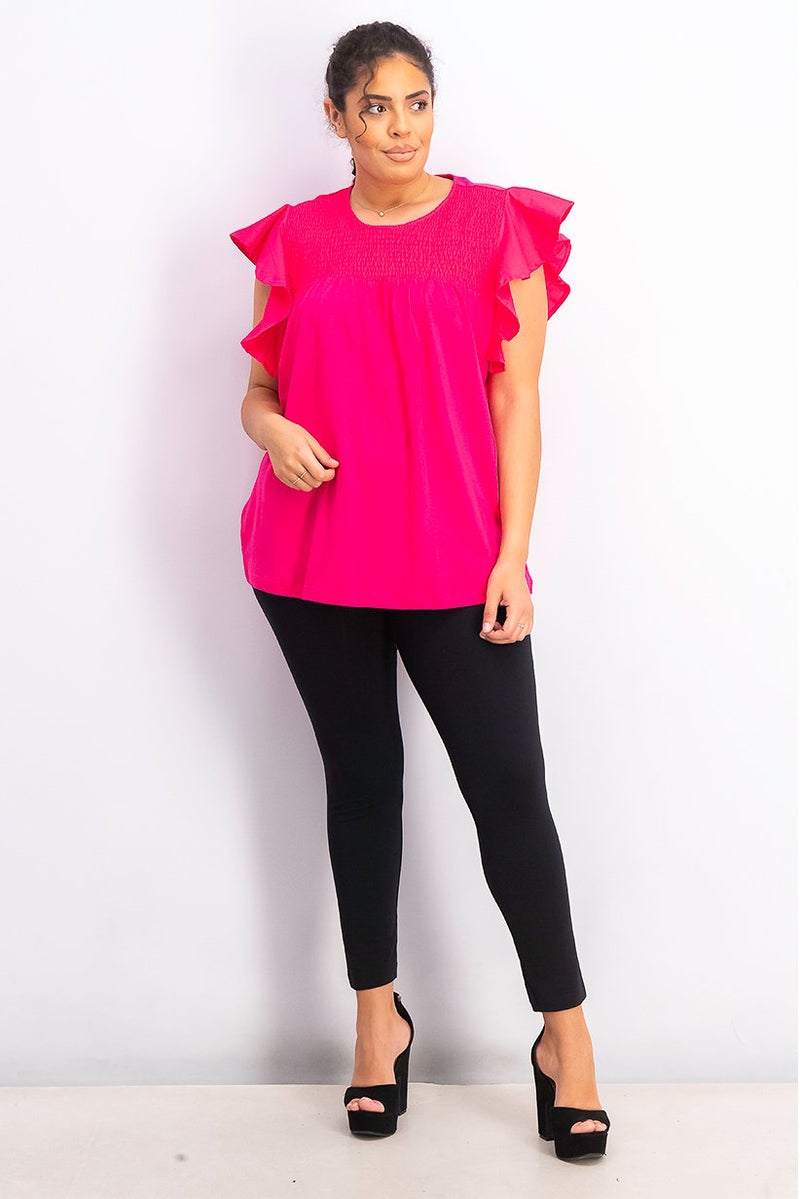 Tchibo Women Crew Neck Solid Flutter Sleeve Top, Pink - Image 2