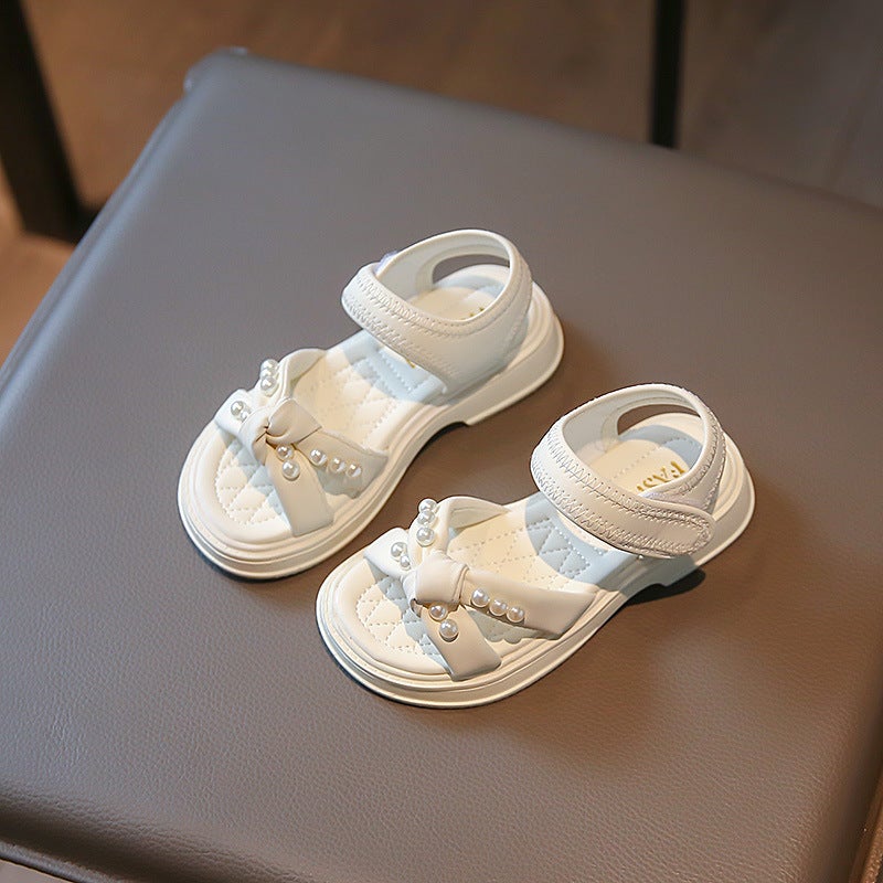 Girls Sandals Summer Soft Sole Beach Shoes Little Girls Open Toe Anti-Slip Shoes Baby Pearl Princess Shoes - Image 1