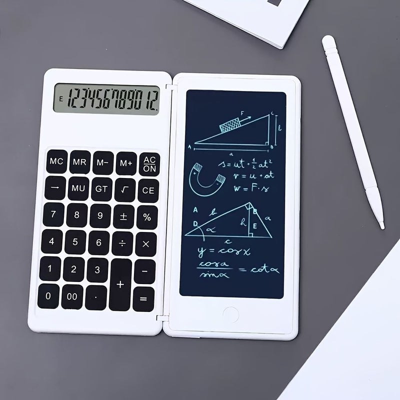 آلة حاسبة بيضاء مع شاشة LCD رقمية 12 رقمًا، ولوحة كتابة محمولة قابلة للمسح للاستخدام التجاري والشخصي والعمل، ودفتر ملاحظات قابل للمسح. - Image 5
