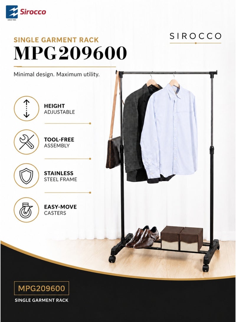 سيروكو حامل ملابس مفرد MPG209600، حامل قابل لتعديل الارتفاع مع رف سفلي وعجلات، هيكل ستانلس ستيل، تركيب دون أدوات، أسود/فضي - Image 5
