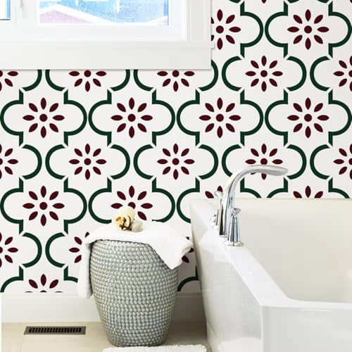Nukofal Floral Peel and Stick Wallpaper Floral Contact Paper Modern 16.9inchx118.1inch Waterproof Red Green Wallpaper Self Adhesive Removable Contact Paper for Kitchen Bathroom Drawer Decorative - Image 2
