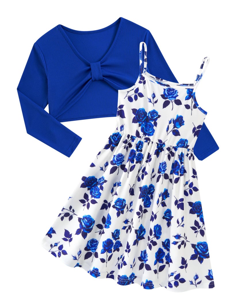 Kimoda Girls 2 Piece Outfits Blue Floral Cute Dresses 11-12 Kids Winter Holiday Dress Set Graduation Outfit for Girls 12 Year Old Girl Clothes - Image 1