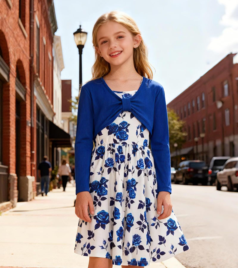 Kimoda Girls 2 Piece Outfits Blue Floral Cute Dresses 11-12 Kids Winter Holiday Dress Set Graduation Outfit for Girls 12 Year Old Girl Clothes - Image 2
