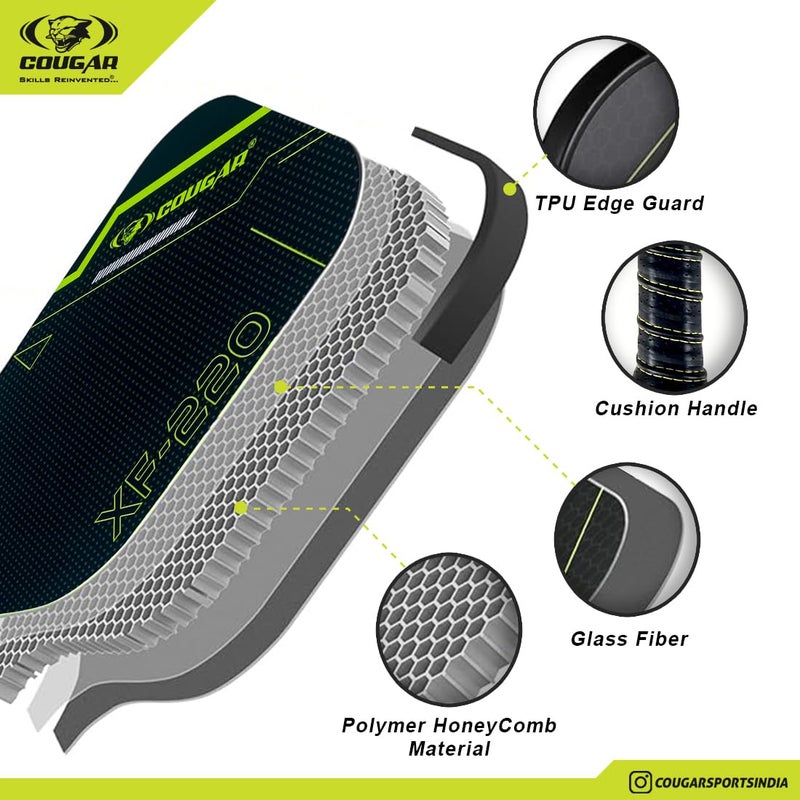 Cougar Pickleball Paddle top grade Glass Fiber Surface(XF-220) Polypropylene Honeycomb Core, 15 mm Thickness, Premium Grip, 225g, 2 Pickle Ball & 2 Paddle, Cover Bag Outdoor Game Kit for Kids & Adults - Image 3