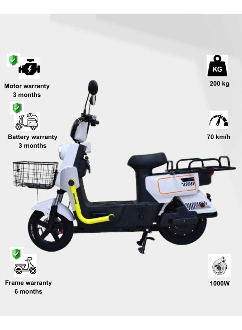 كاميل دراجة كهربائية ITQ-7 Pro للبالغين، بقدرة 1000 واط، إطارات مقاس 14 بوصة، مدى يصل إلى 105 كم، مزودة بسلة ومرايا، باللون الأبيض - Image 1