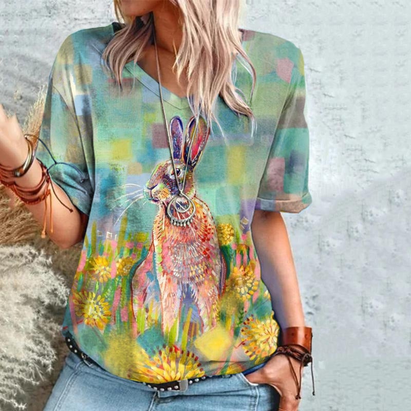 2022 Summer Cross-Border Supply of 3D Digital Printed Short-Sleeved V Neck Women's Loose-Fitting Women's T-Shirts - Image 1