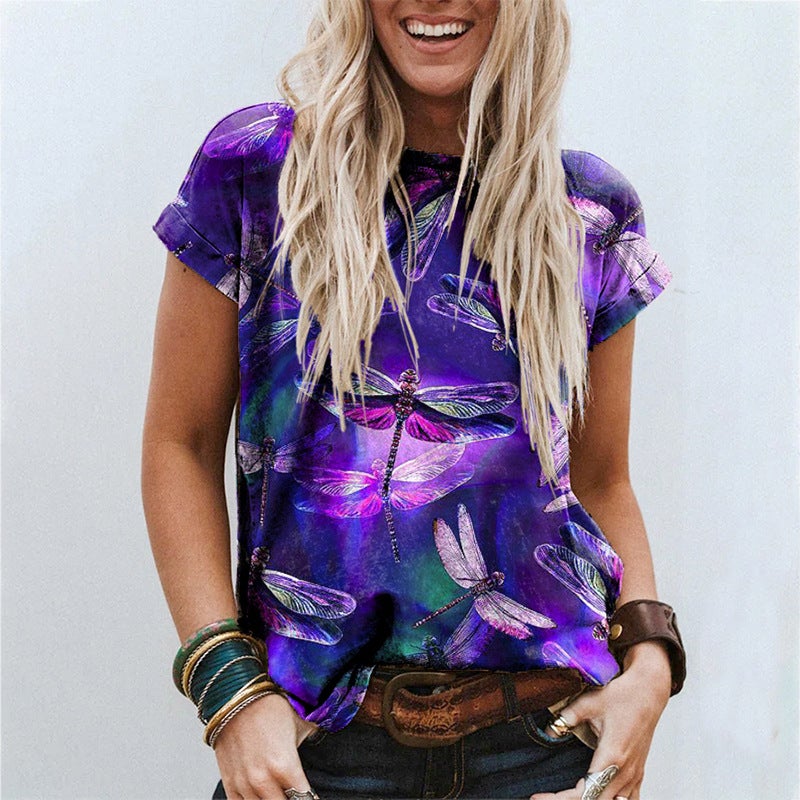 2022 Summer Cross-Border Supply of 3D Digital Printed Short-Sleeved V Neck Women's Loose-Fitting Women's T-Shirts - Image 3