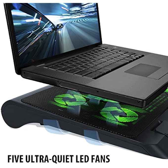 ENHANCE حامل تبريد لابتوب الألعاب مع مراوح تبريد LED، ارتفاع قابل للتعديل، ومنفذين USB مزدوجين لأجهزة اللابتوب 17 بوصة - 5 مراوح عالية الأداء فائقة الهدوء 2630 دورة في الدقيقة وواقيات مدمجة - أخضر - Image 3