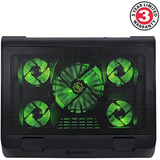 ENHANCE حامل تبريد لابتوب الألعاب مع مراوح تبريد LED، ارتفاع قابل للتعديل، ومنفذين USB مزدوجين لأجهزة اللابتوب 17 بوصة - 5 مراوح عالية الأداء فائقة الهدوء 2630 دورة في الدقيقة وواقيات مدمجة - أخضر - Image 2