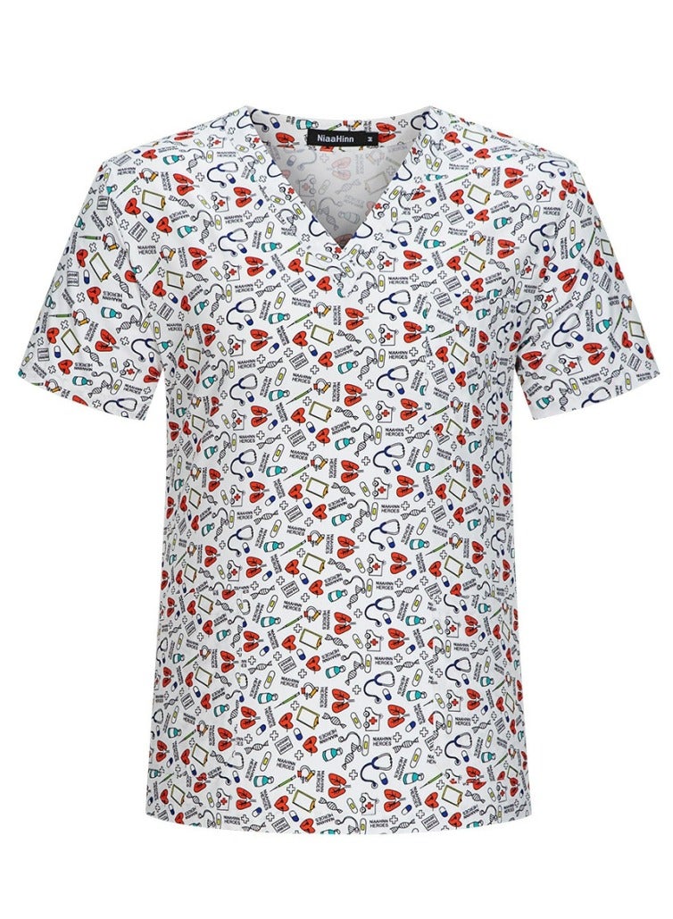 Loquat Cartoon Printed V-Neck Medical Uniform Scrubs Top Comfty Soft Workwear