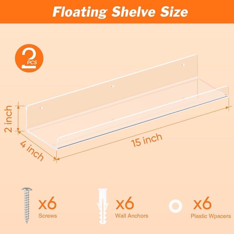 Dooiclear 2 Pack Floating Shelves for Wall, 15" Clear Book Shelf, Acrylic Floating Wall Shelf, Display Shelves Organizer for Bathroom, Classroom, Bedroom, Living Room, Kitchen, Room Decor - Image 3