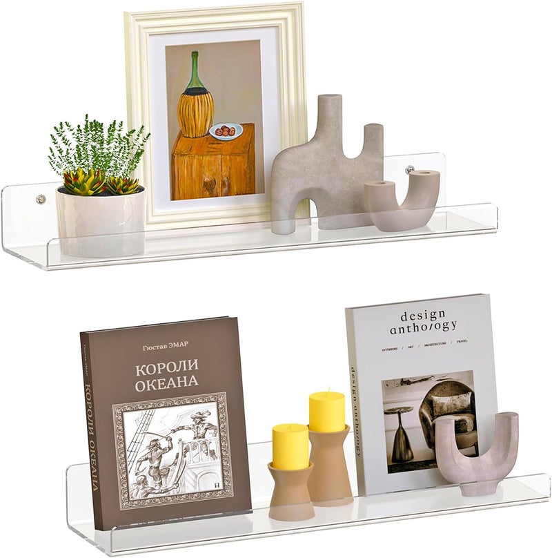 Dooiclear 2 Pack Floating Shelves for Wall, 15" Clear Book Shelf, Acrylic Floating Wall Shelf, Display Shelves Organizer for Bathroom, Classroom, Bedroom, Living Room, Kitchen, Room Decor - Image 1