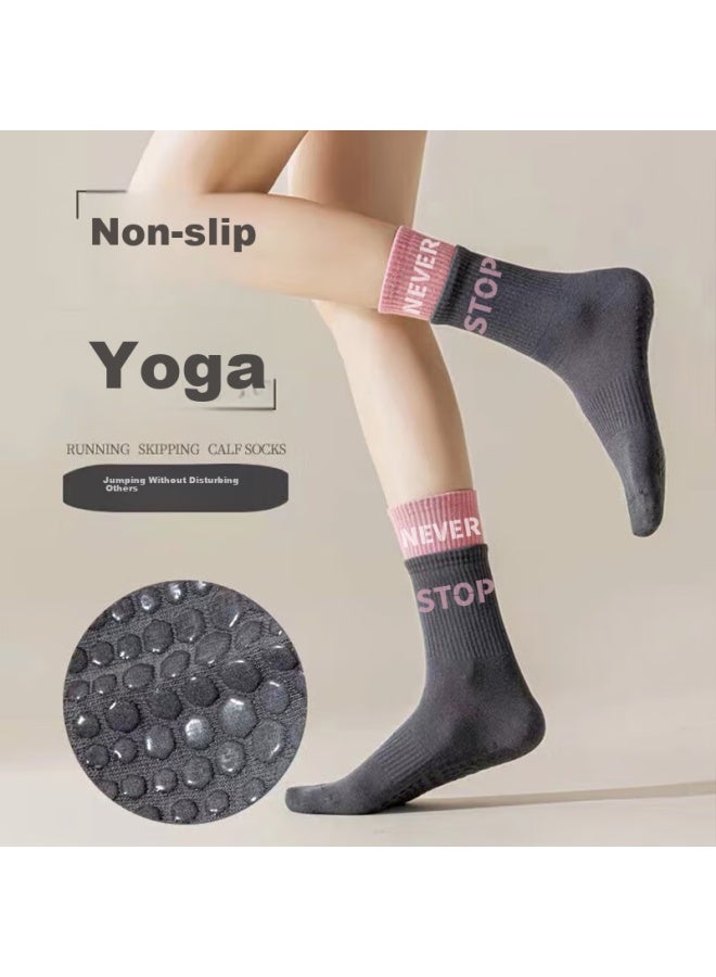 Dweck Duweike Yoga Socks For Women, Mid-calf Fitness Sports Socks, Pure Cotton Long Socks, Fake Two-piece Floor Non-slip Dance Socks - Image 1
