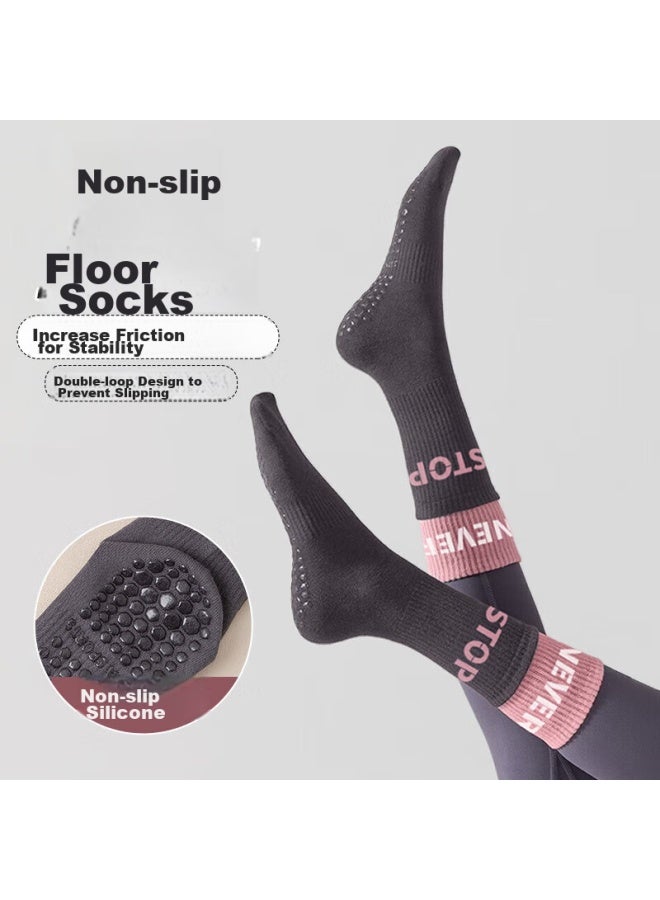Dweck Duweike Yoga Socks For Women, Mid-calf Fitness Sports Socks, Pure Cotton Long Socks, Fake Two-piece Floor Non-slip Dance Socks - Image 2