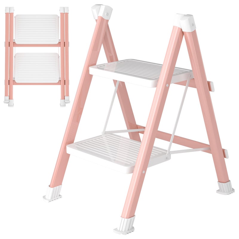 DIAMONDFORGE 2 Step Ladder, Folding Step Stool with Anti-Slip Wide Pedal, Anti-Slip Feet, Sturdiest Steel Construction, 600lbs Capacity Steel Ladder for Home and Office, Pink White - Image 1