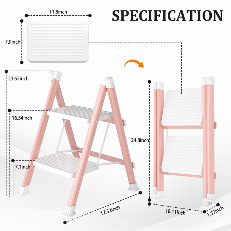 DIAMONDFORGE 2 Step Ladder, Folding Step Stool with Anti-Slip Wide Pedal, Anti-Slip Feet, Sturdiest Steel Construction, 600lbs Capacity Steel Ladder for Home and Office, Pink White - Image 2